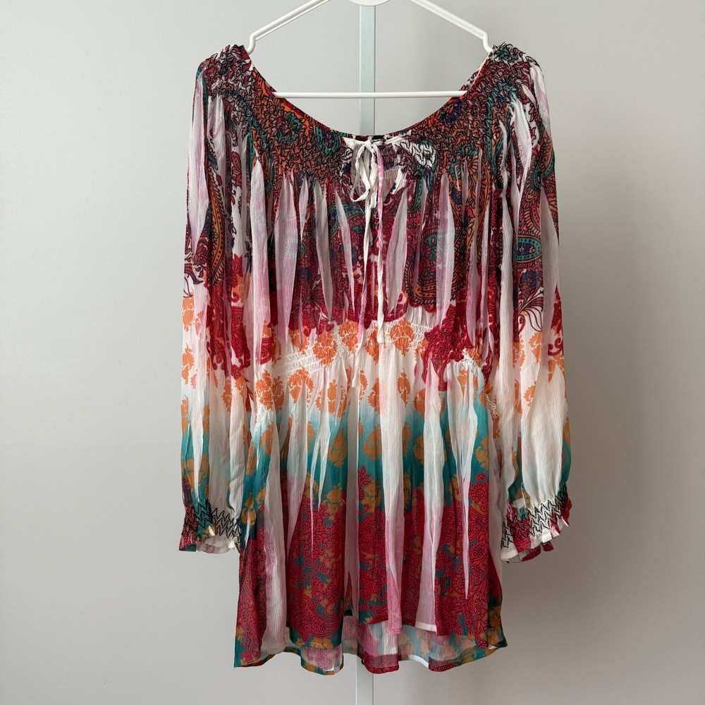 Coastal Boho Flowy Beachy Relaxed Shabby Peasant Blouse OS Multicolor